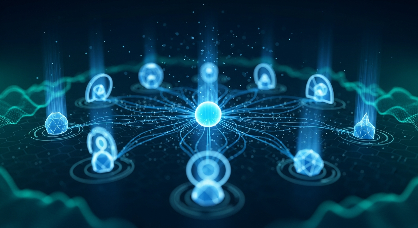 AI agent orchestration visualization â€” multiple agents connected by glowing blue lines forming a central hub