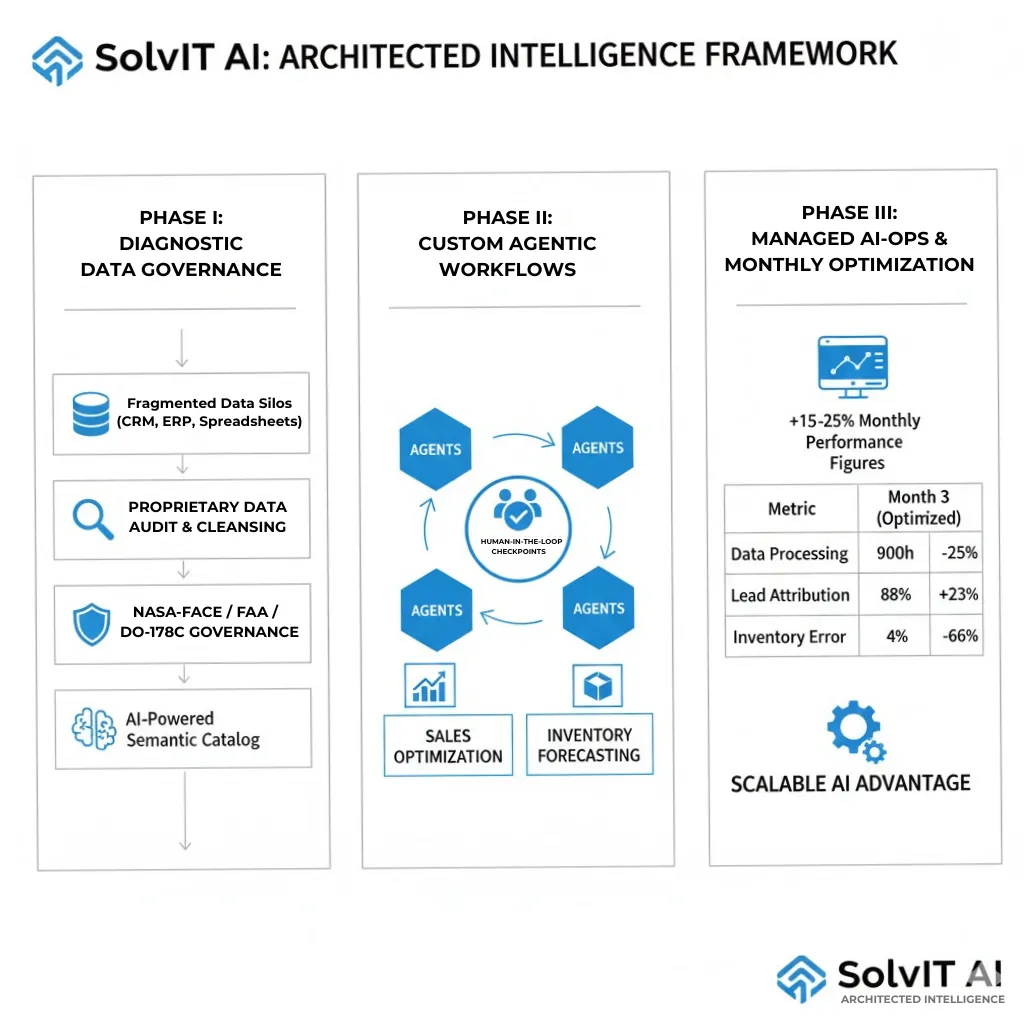 SolvIT AI Architected Intelligence Framework showing a 3-phase enterprise data strategy