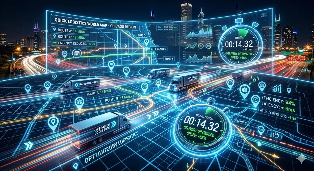 Infographic illustrating 70% latency reduction and workflow automation in logistics